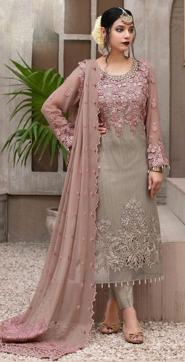 Women beige fox georgette embroidered semi stitched salwar set