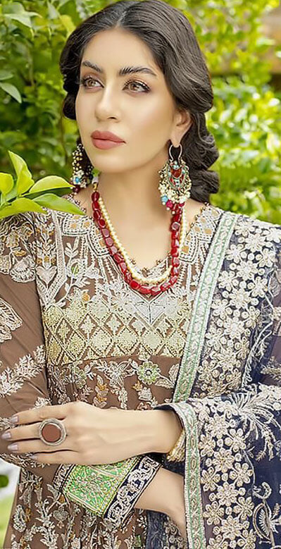 Women peanut brown fox georgette embroidered semi stitched salwar set