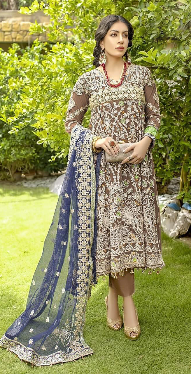 Women peanut brown fox georgette embroidered semi stitched salwar set