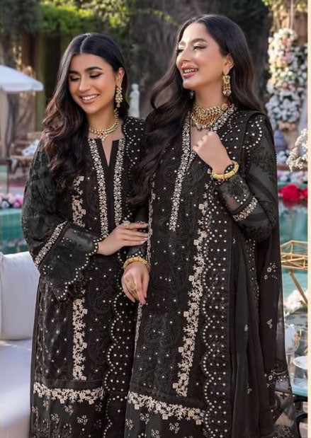Women black embroidered fox georgette unstitched salwar set
