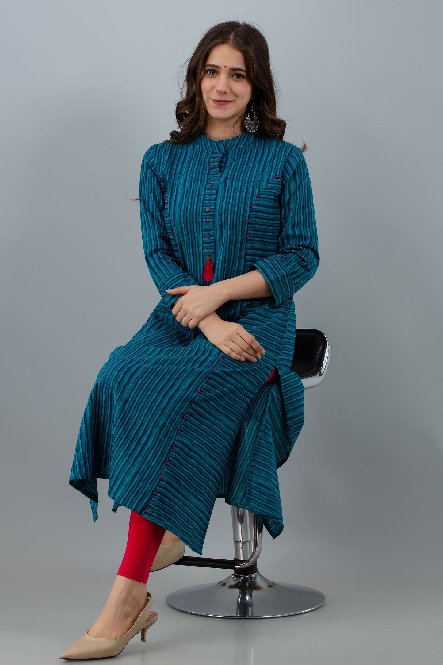 Women blue cotton stripe Printed and embroidered Kurta