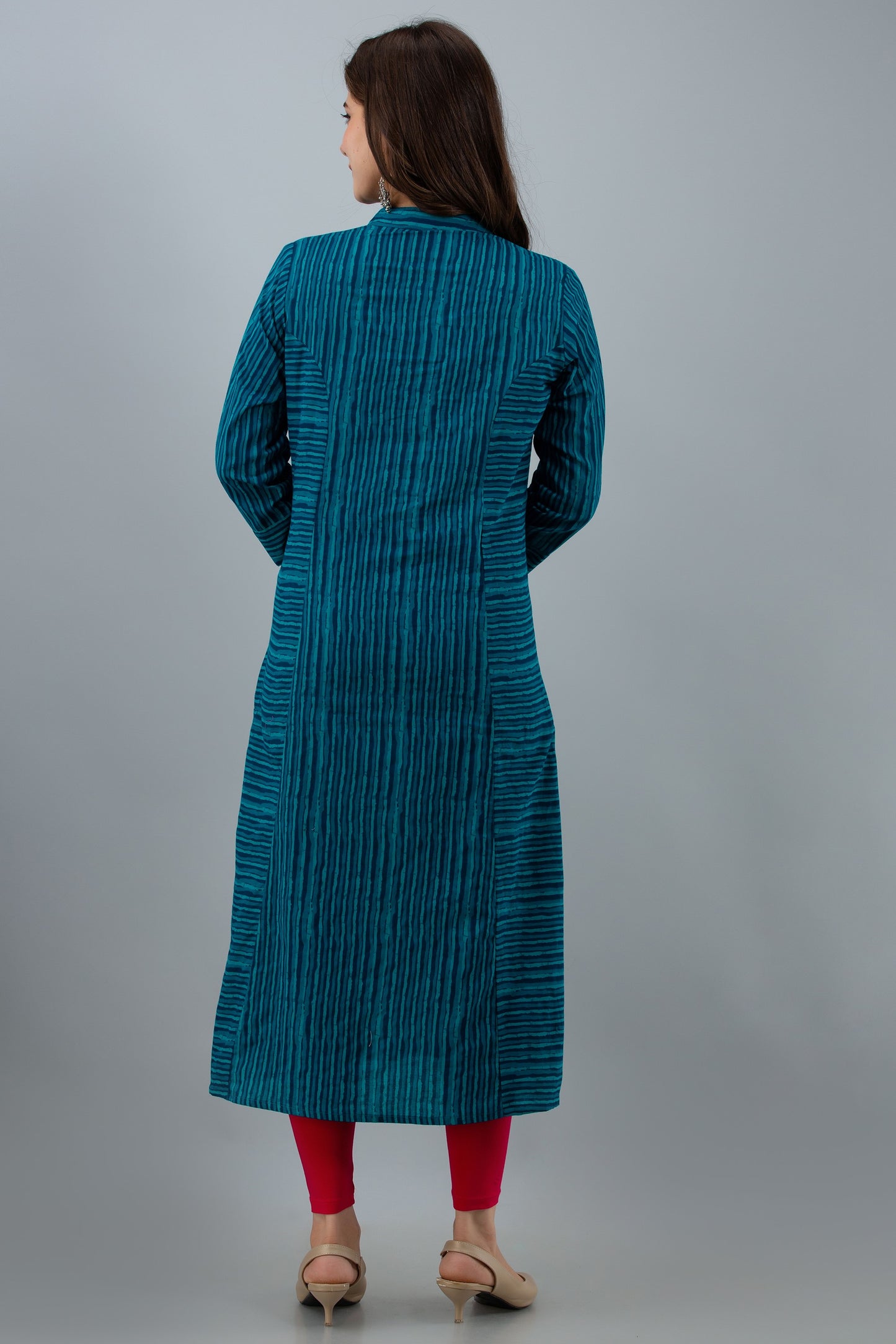 Women blue cotton stripe Printed and embroidered Kurta