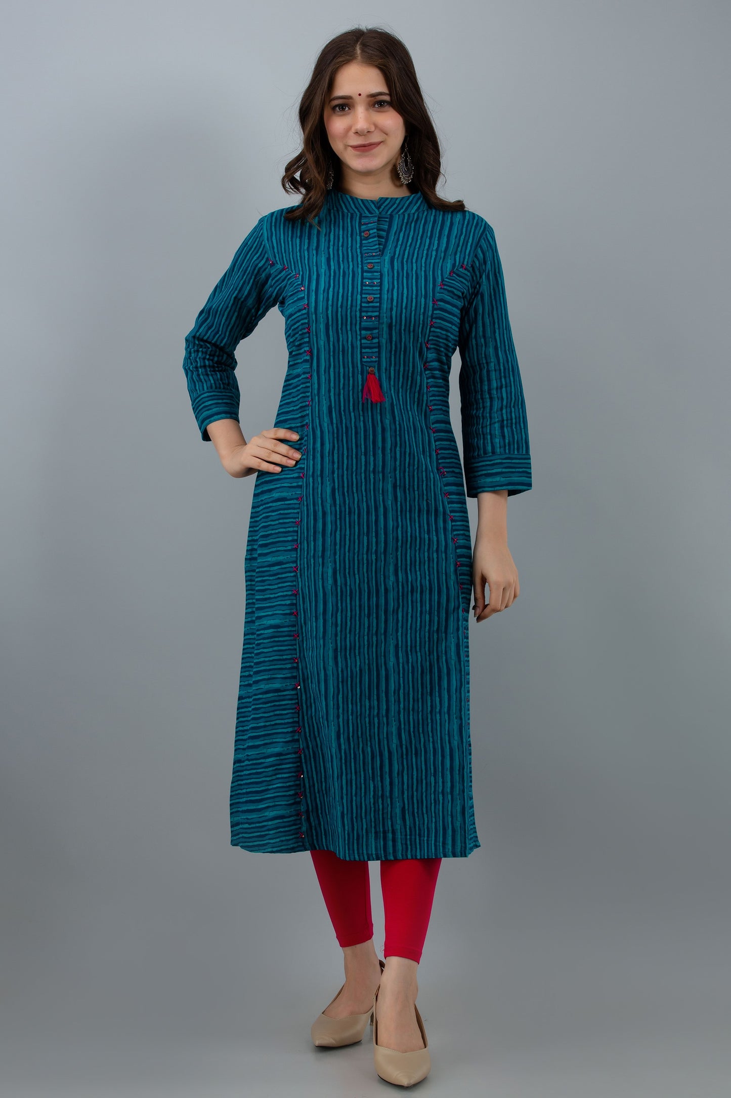Women blue cotton stripe Printed and embroidered Kurta