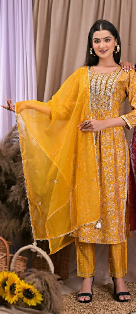Women muslin mustard Printed and embroidered straight Kurta with trouser and dupatta