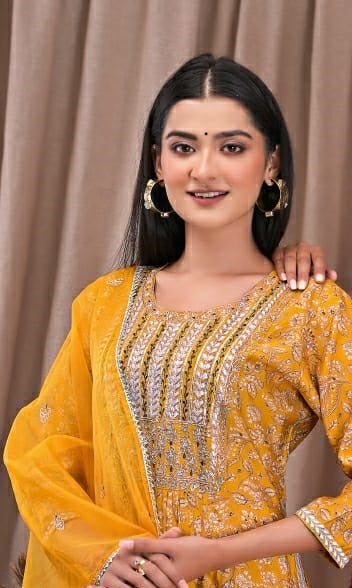 Women muslin mustard Printed and embroidered straight Kurta with trouser and dupatta