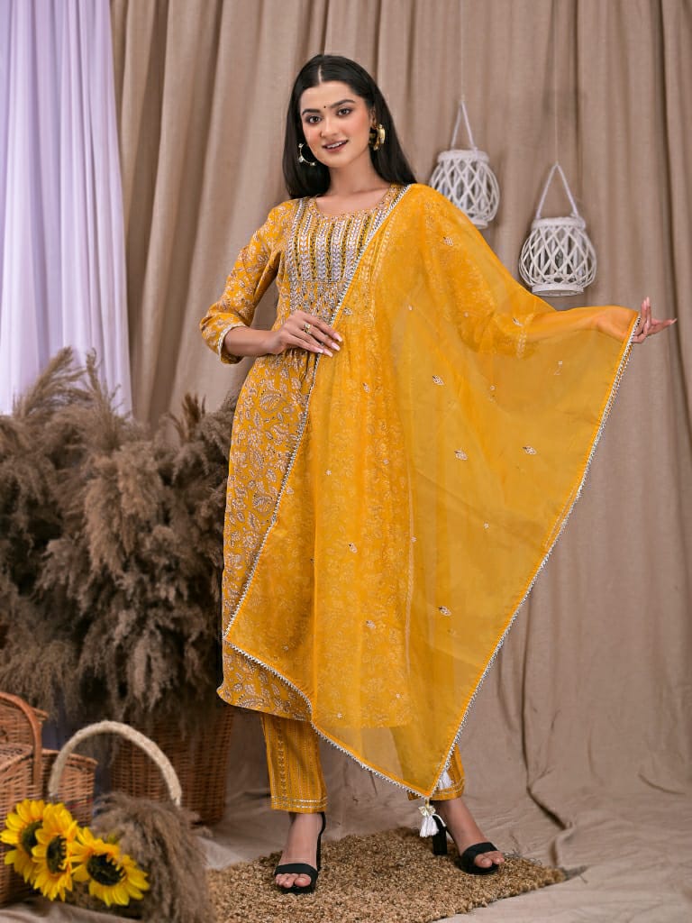 Women muslin mustard Printed and embroidered straight Kurta with trouser and dupatta