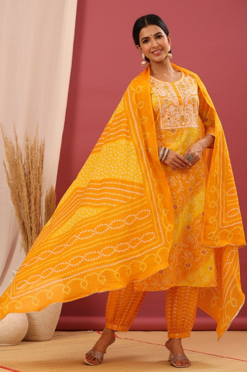 Women cotton yellow bandhani Printed straight Kurta with trouser & With Dupatta