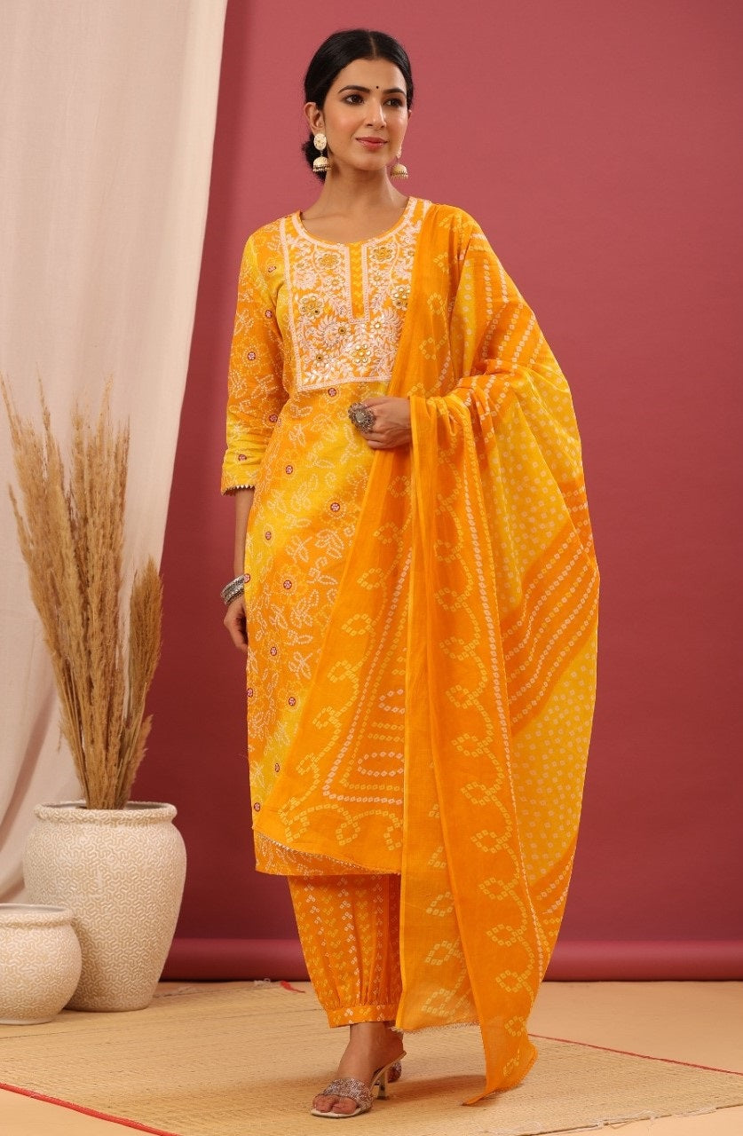 Women cotton yellow bandhani Printed straight Kurta with trouser & With Dupatta
