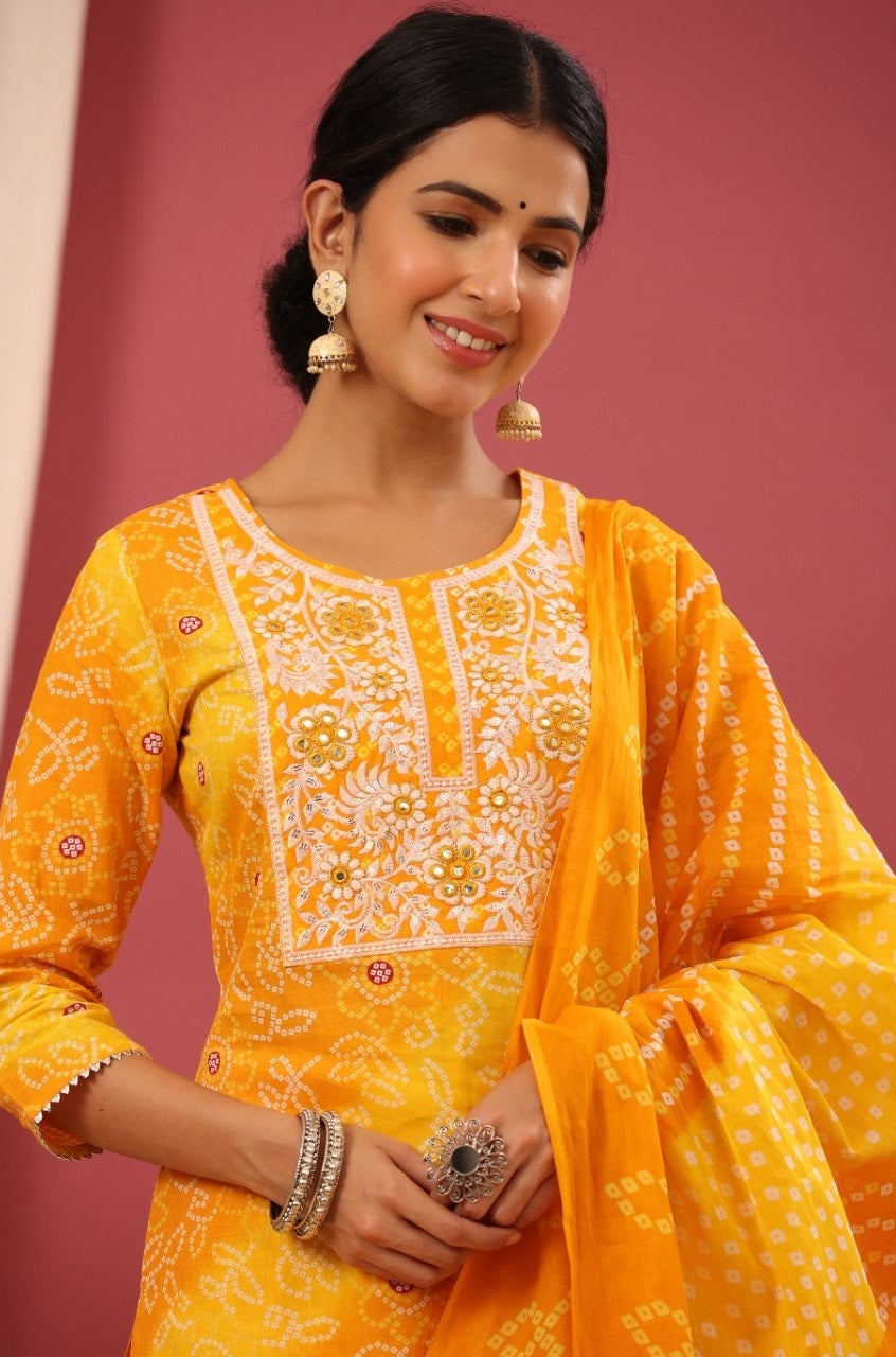 Women cotton yellow bandhani Printed straight Kurta with trouser & With Dupatta