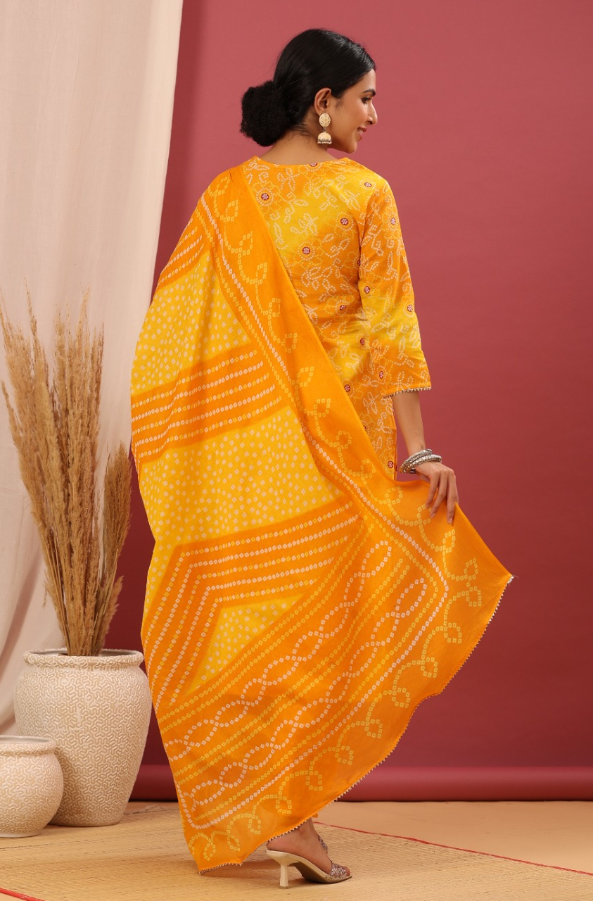 Women cotton yellow bandhani Printed straight Kurta with trouser & With Dupatta
