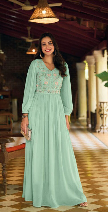 Teal georgette ready to wear designer gown with belt