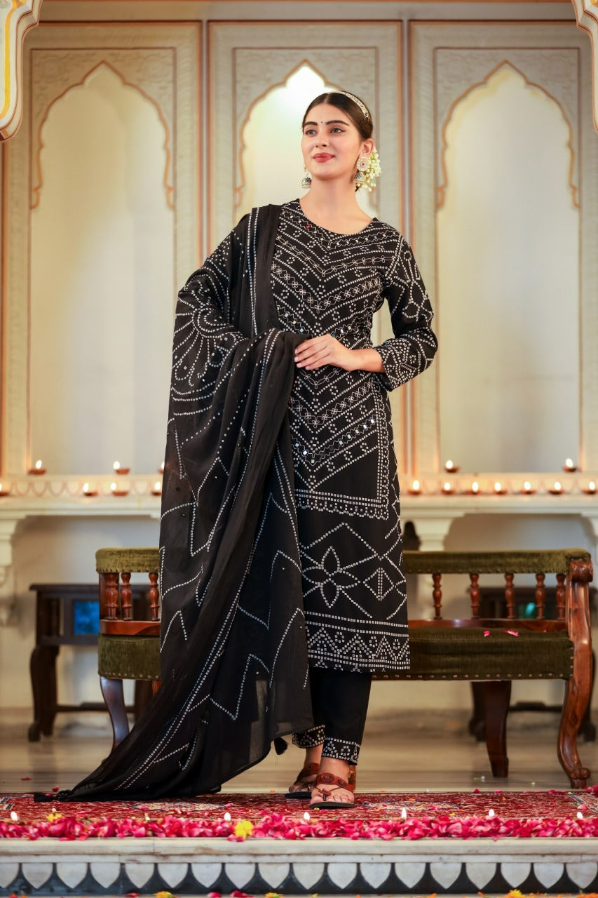 Women rayon black staple embroidered Printed straight Kurta with trouser and dupatta