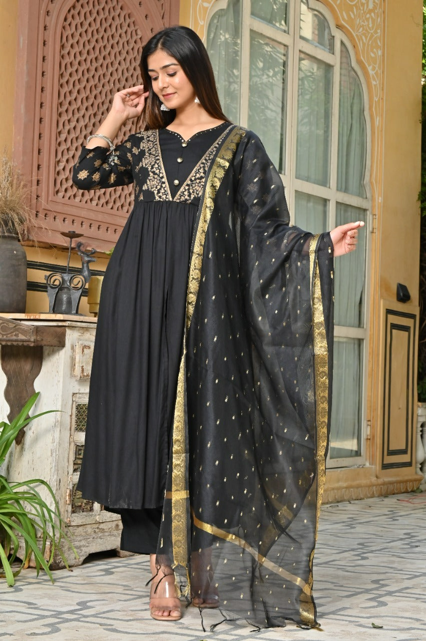Women rayon black dress with gold zari embroidered with dupatta