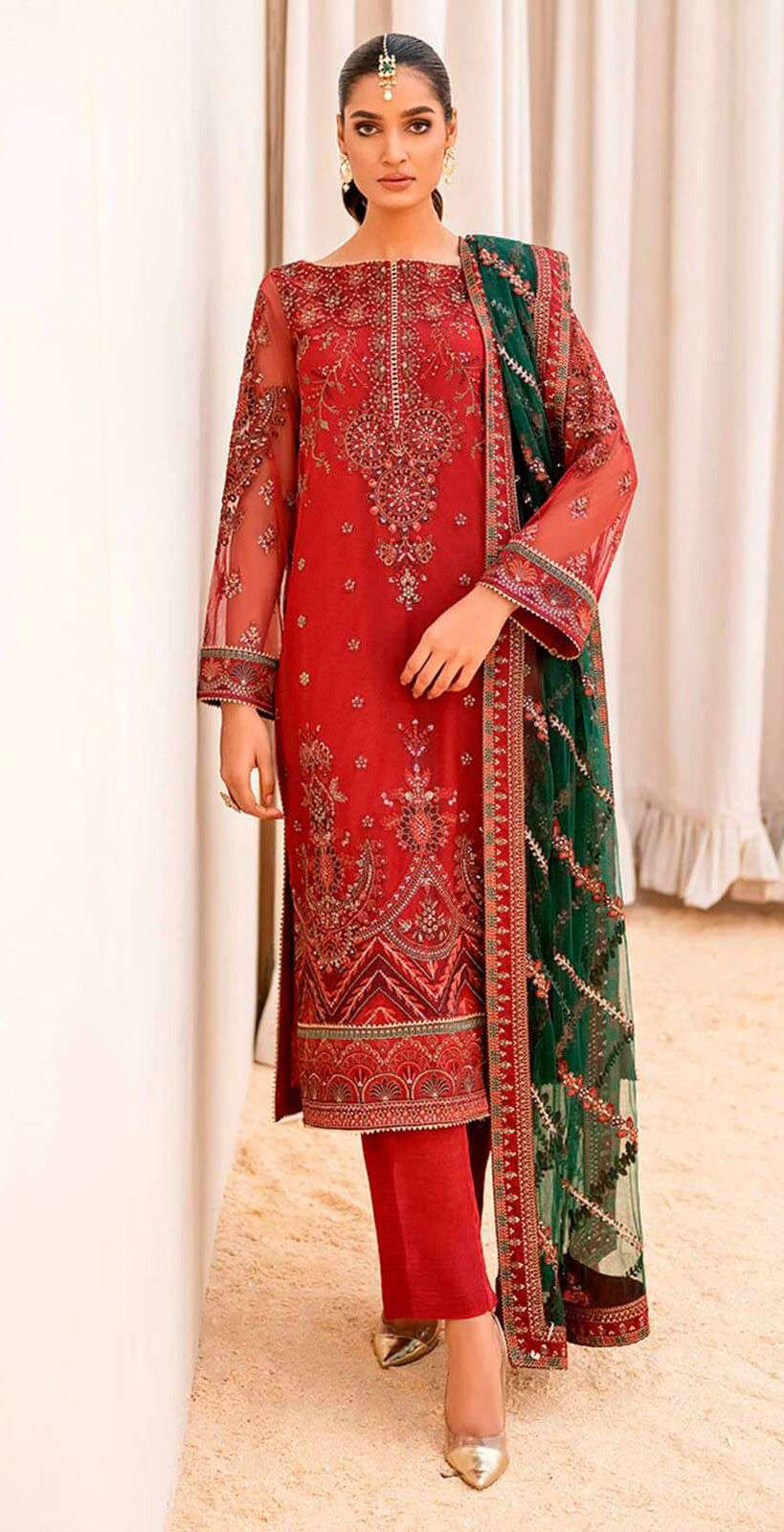 Women red embroidered georgette semistitched salwar set