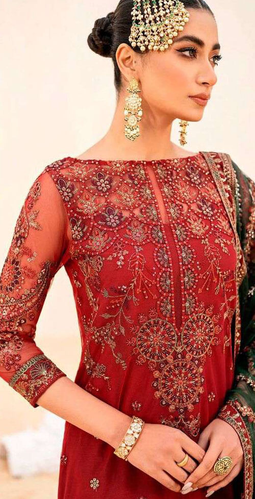 Women red embroidered georgette semistitched salwar set