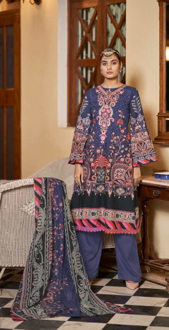 Women printed pure lawn cotton embroidery work with GPO lace unstitched salwar set