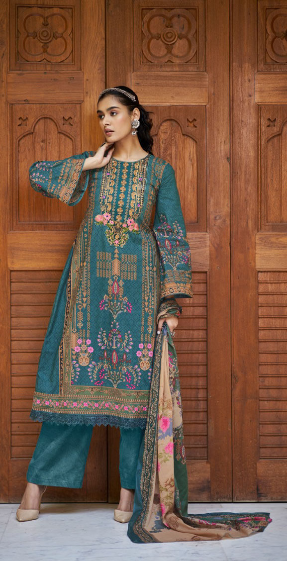 Women printed pure lawn cotton embroidery work with GPO lace unstitched salwar set