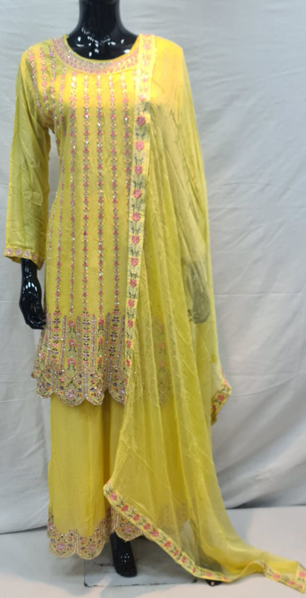 Women chinon silk embroidered and hand work and fully stitched sharara set