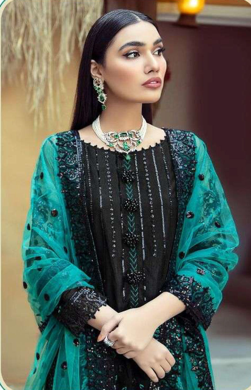 Women black embroidered fox georgette unstitched salwar set