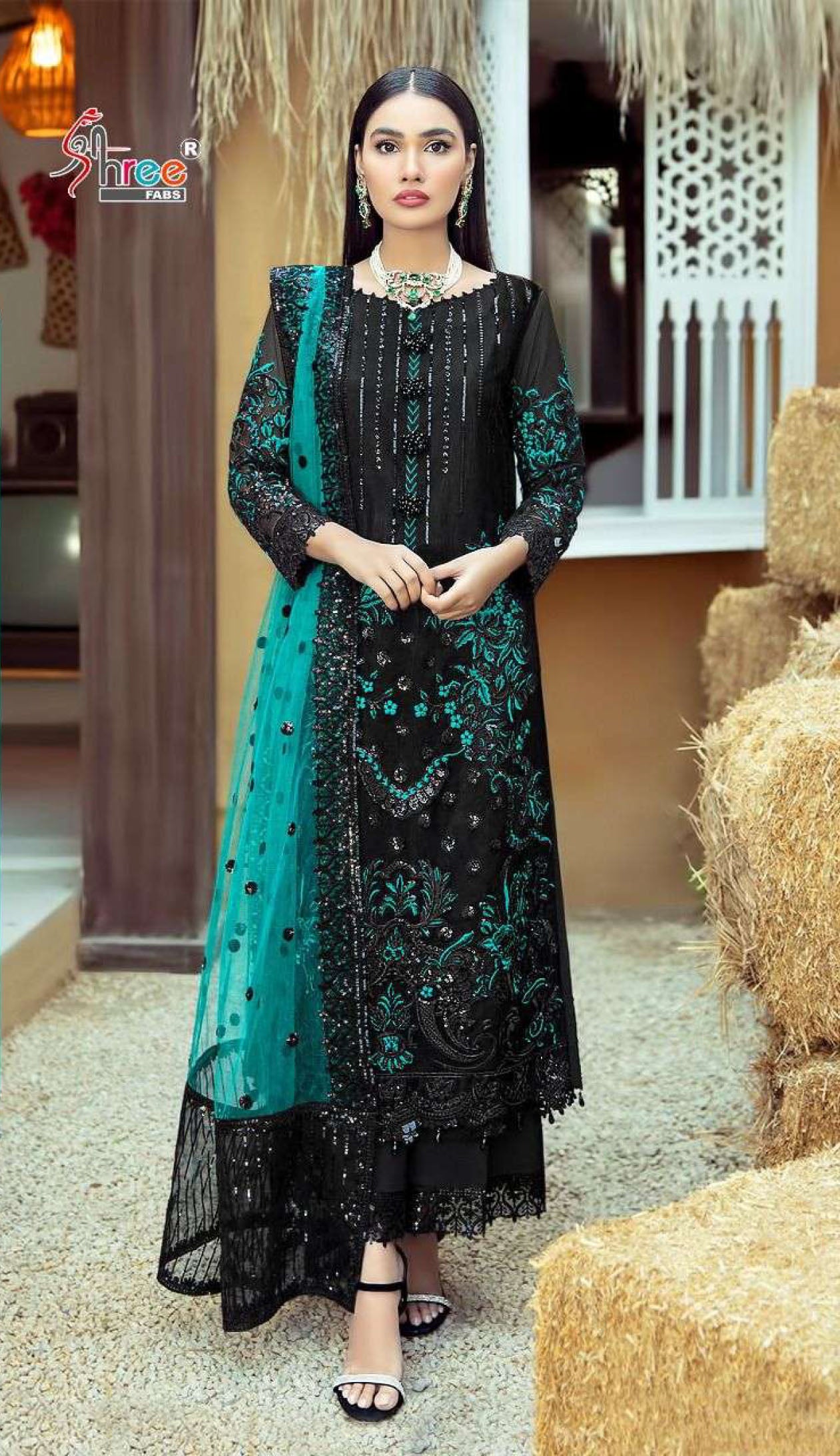 Women black embroidered fox georgette unstitched salwar set