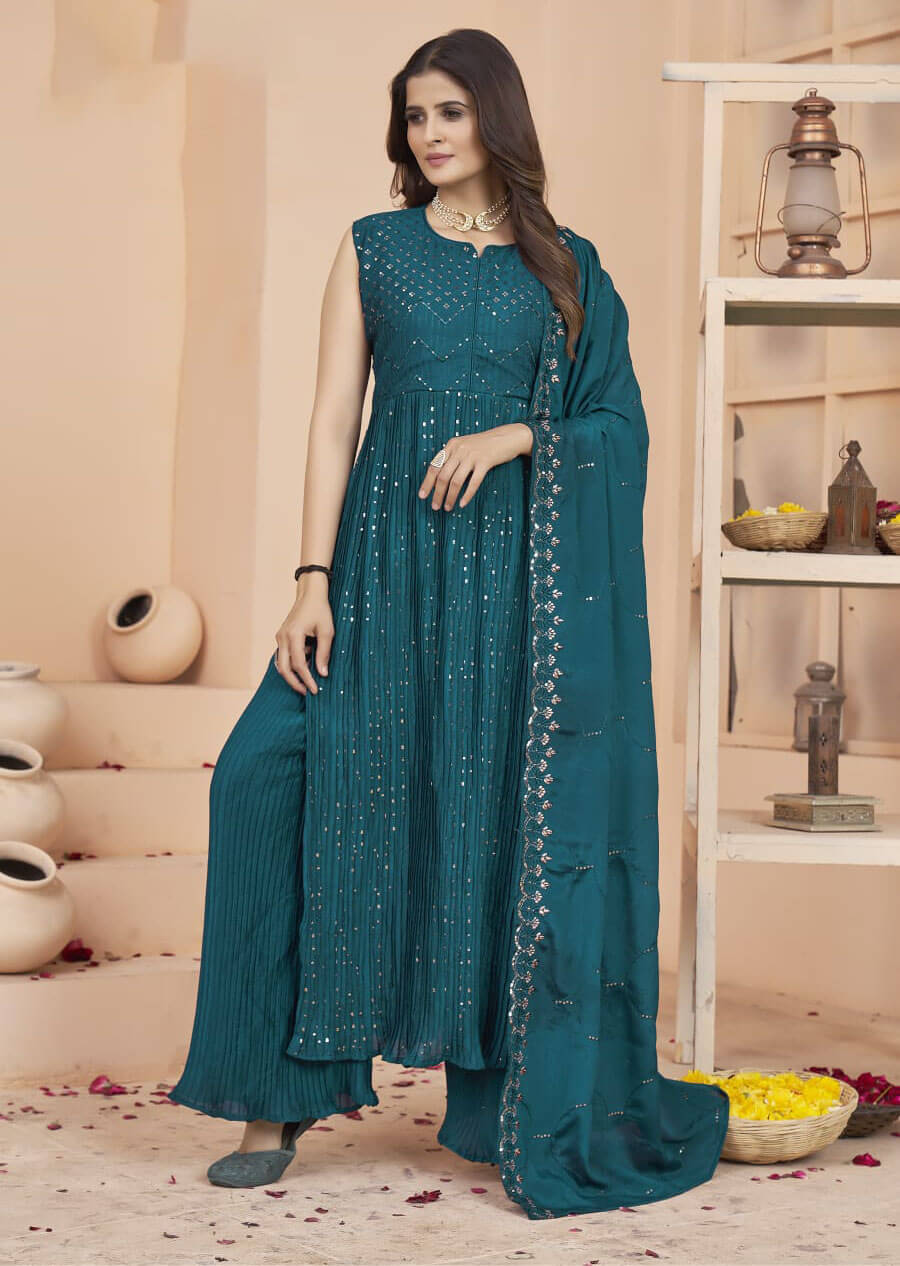 Women embroidered chinon georgette ready to wear nairacut salwar set