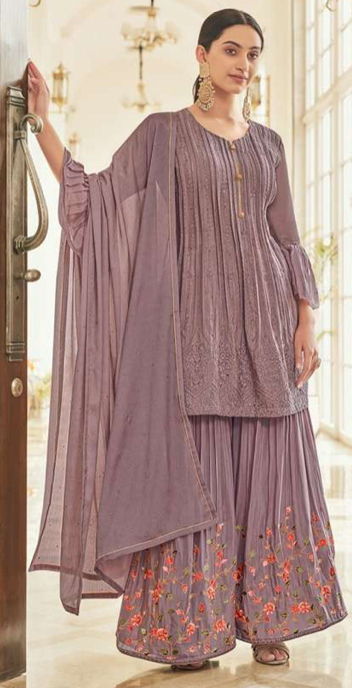 Women chinon silk  with embroidery ready to wear sharara set