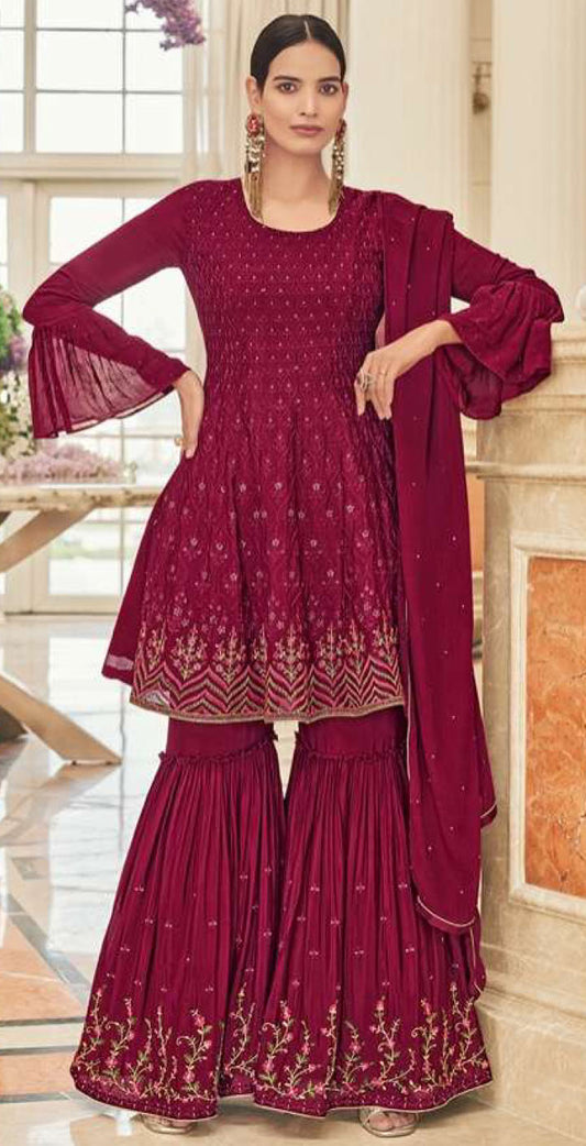 Women chinon silk  with embroidery ready to wear sharara set