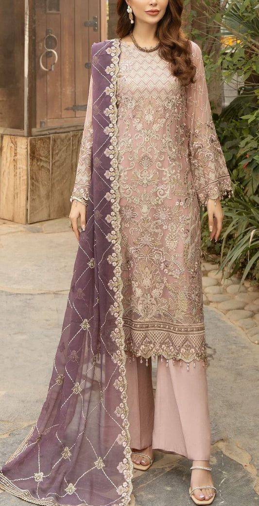 Pink georgette embroidered dress material