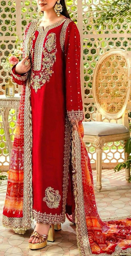 Red georgette embroidered dress material