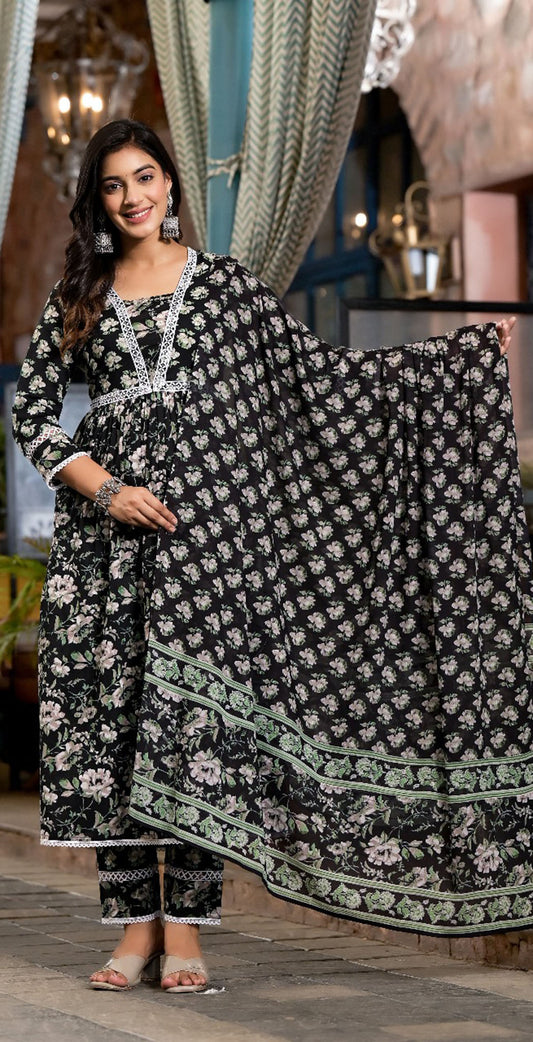 Black and green cotton printed salwar set