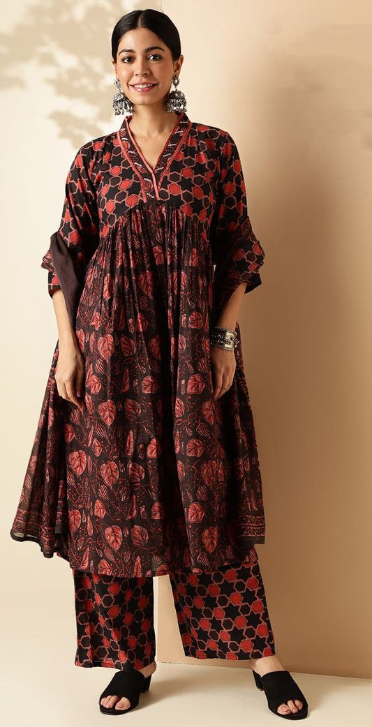 Black and rust cotton printed salwar set