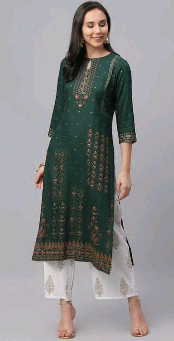 Women Bottle green printed rayon Kurta