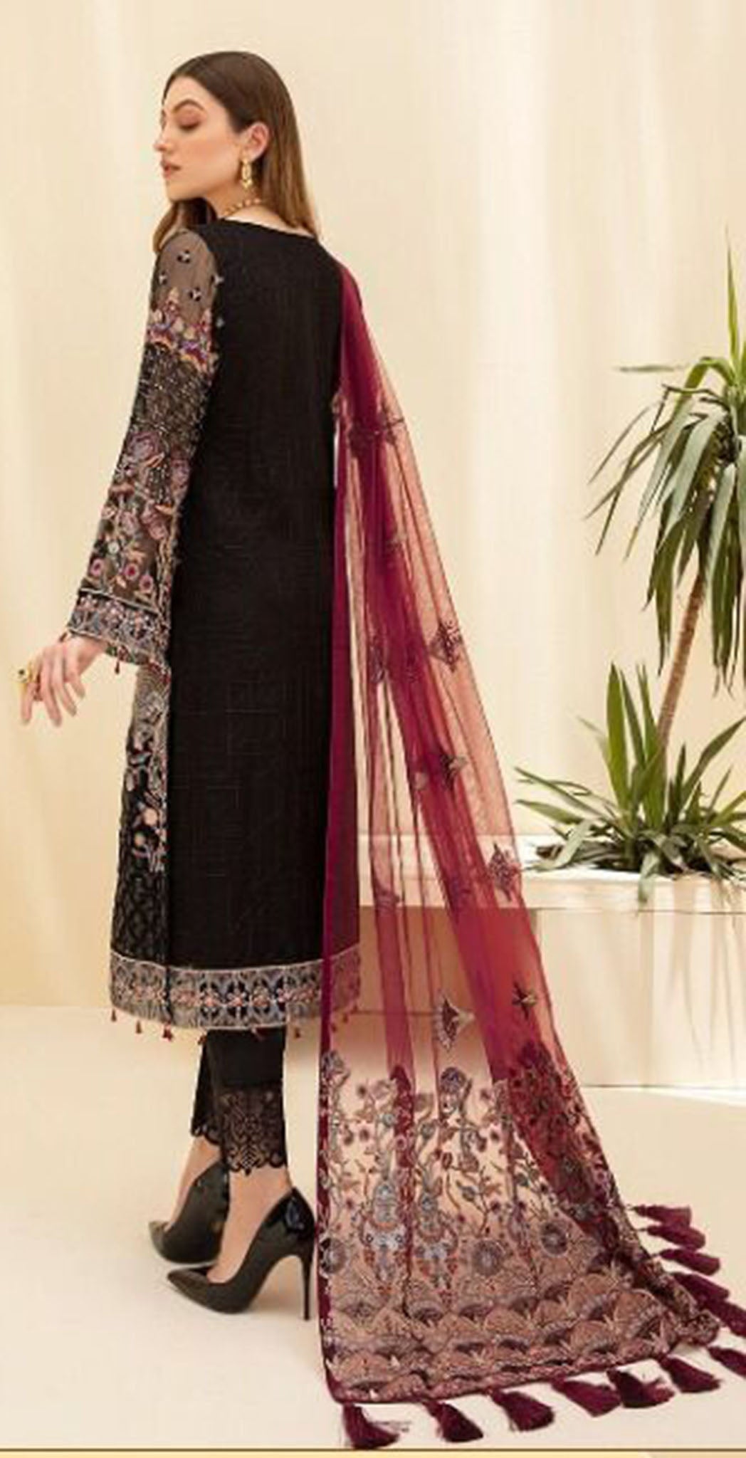 Black embroidered fox georgette unstitched salwar set