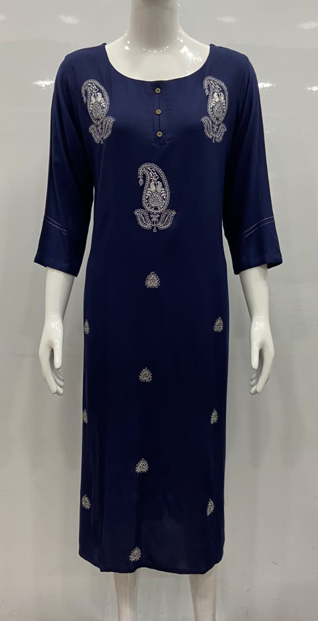 Women Dark blue embroidered rayon Kurta