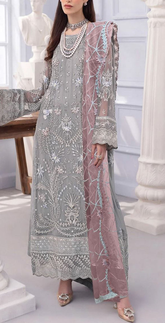 Grey georgette embroidered dress material