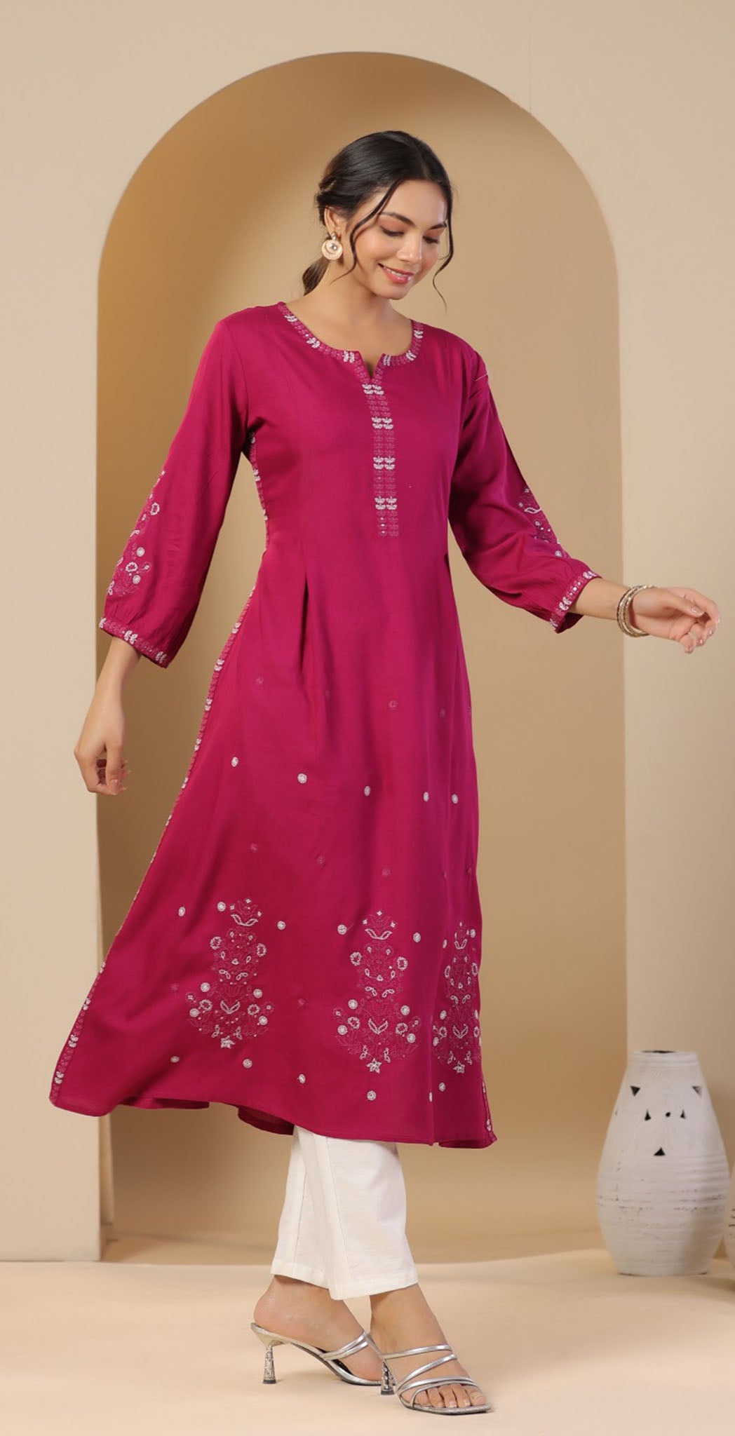 Fushia pink rayon embroidered Kurta