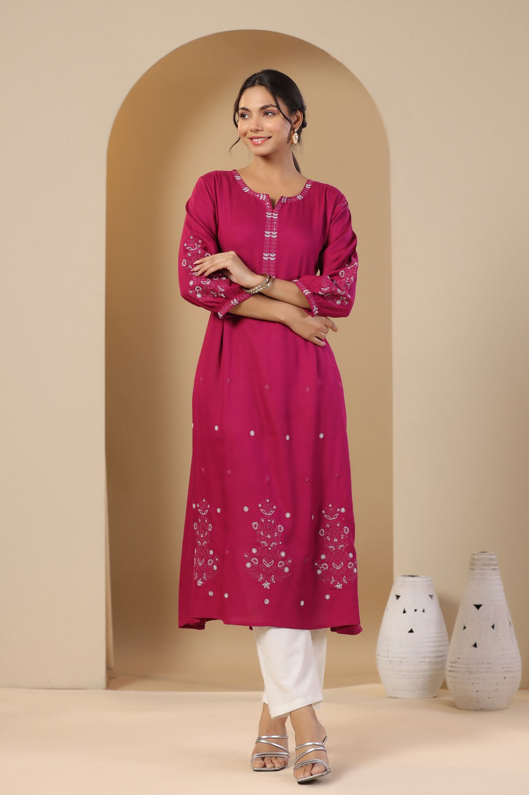 Fushia pink rayon embroidered Kurta