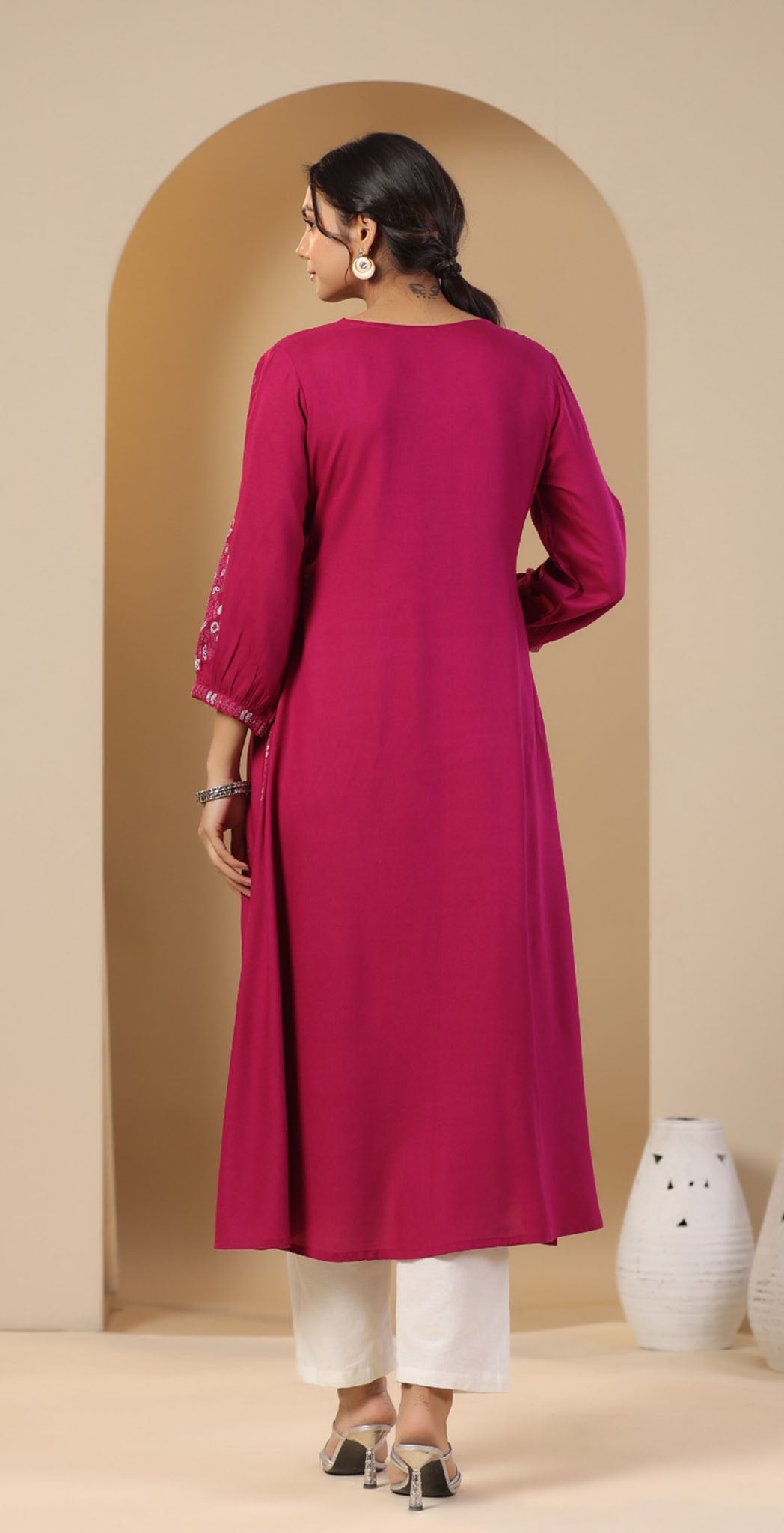 Fushia pink rayon embroidered Kurta