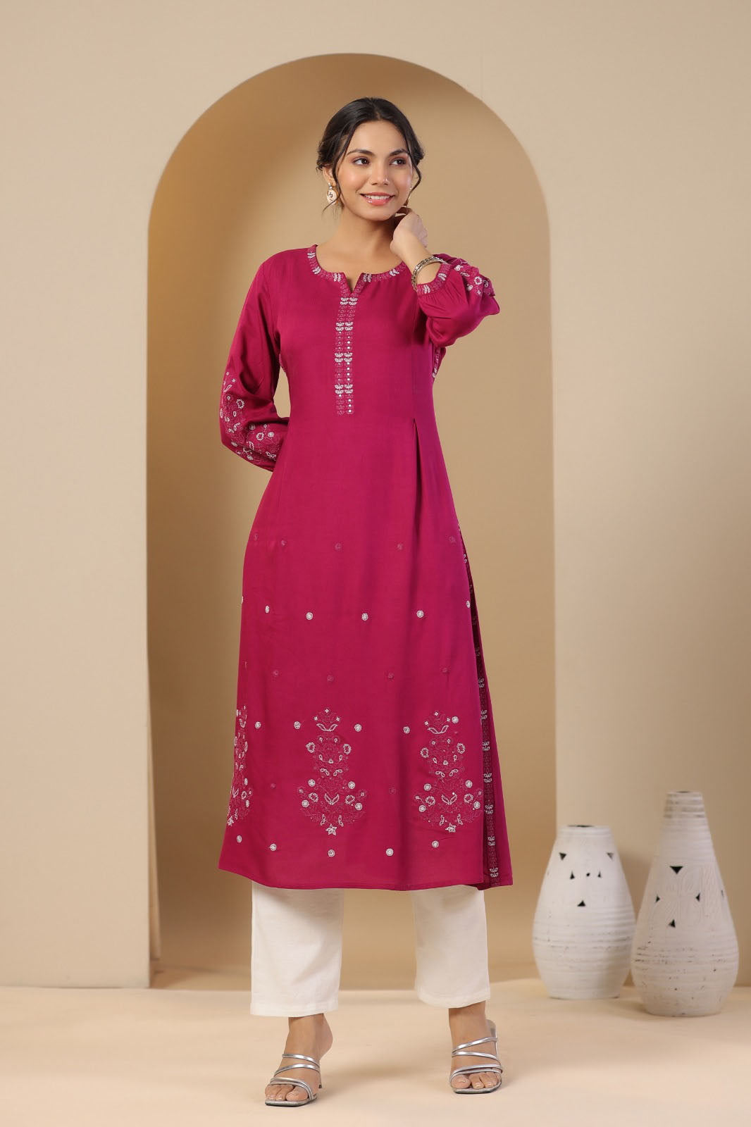 Fushia pink rayon embroidered Kurta