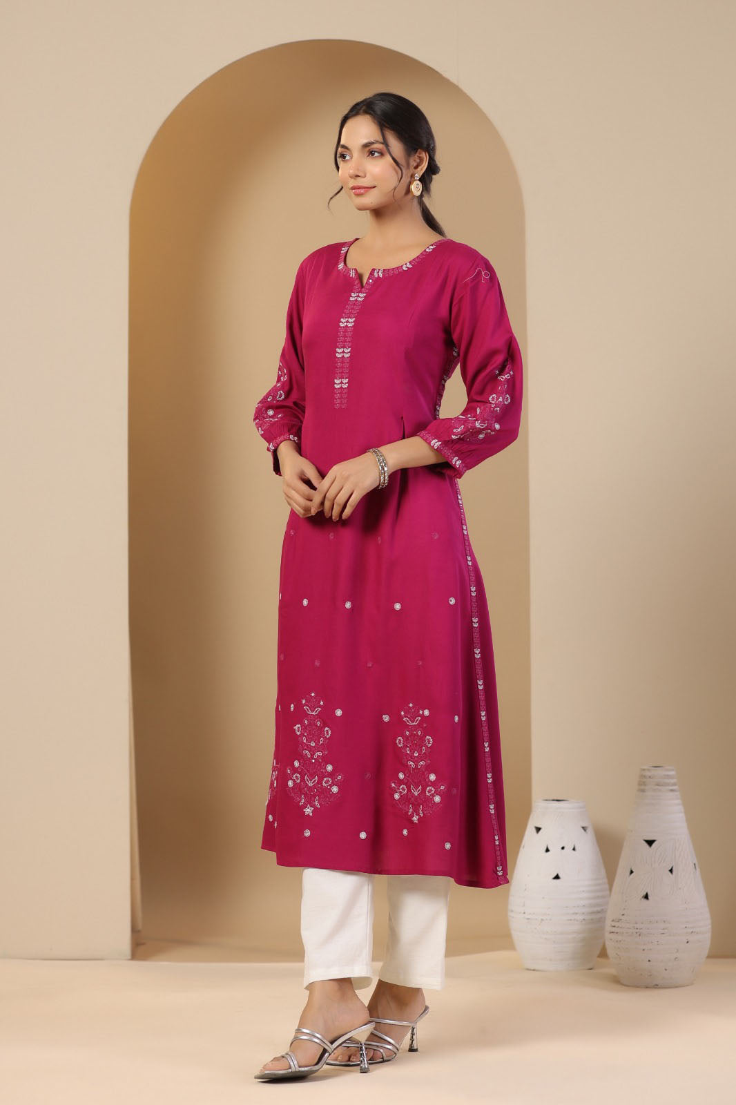 Fushia pink rayon embroidered Kurta