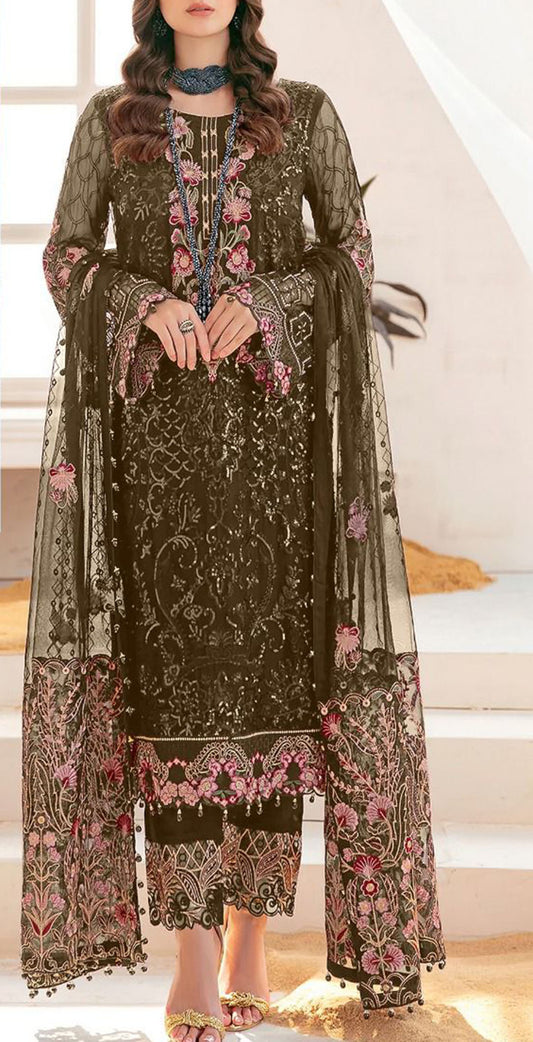 Olive green georgette embroidered dress material