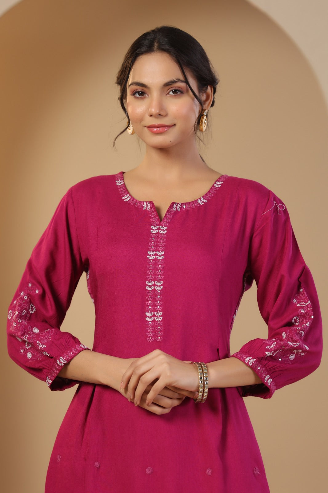 Fushia pink rayon embroidered Kurta