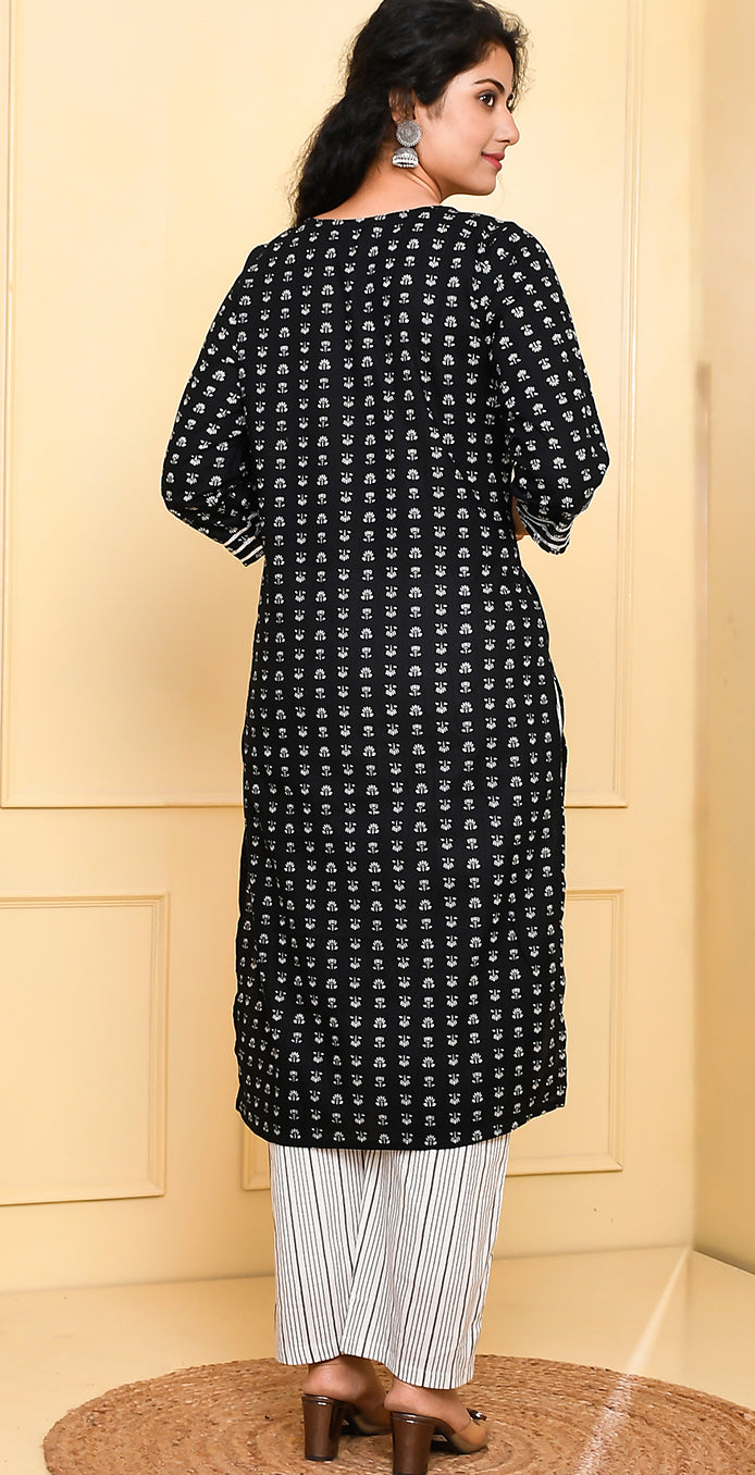 Women cotton black Printed straight Kurta with trouser