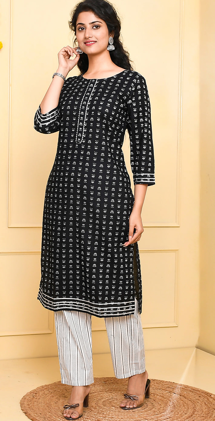 Women cotton black Printed straight Kurta with trouser