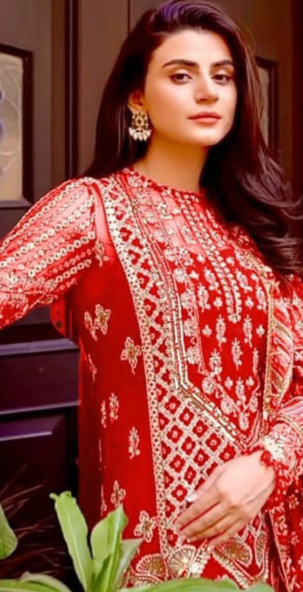 Red georgette embroidered dress material 1