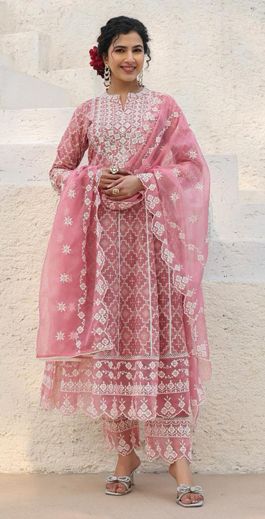 Dusty pink cotton printed and embroidered anarkali set