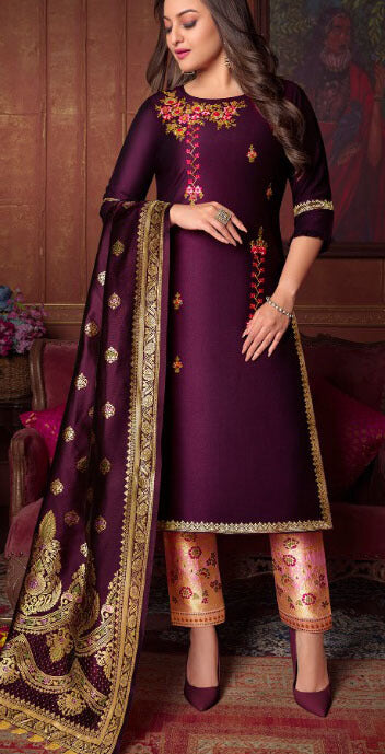 Women Bemberg Silk Fabric with Heavy Handwork and Jacquard Lace semi stitched salwar set