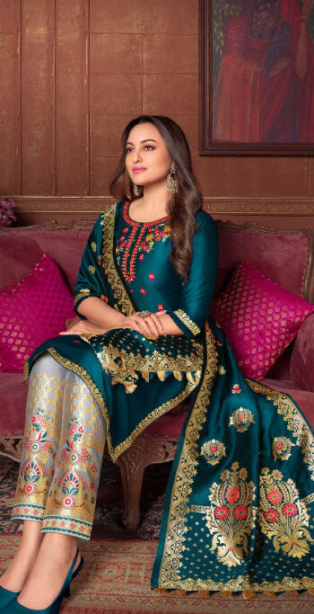 Women Bemberg Silk Fabric with Heavy Handwork and Jacquard Lace semi stitched salwar set