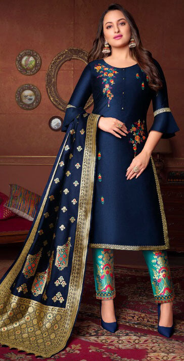 Women Bemberg Silk Fabric with Heavy Handwork and Jacquard Lace semi stitched salwar set