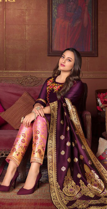 Women Bemberg Silk Fabric with Heavy Handwork and Jacquard Lace semi stitched salwar set